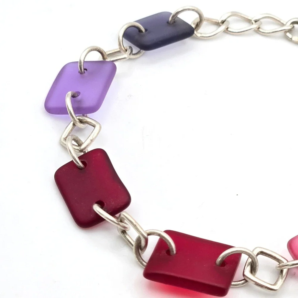 Sterling Silver 925 Frosted Sea‎ Glass Multi Color Rectangle Link Bracelet